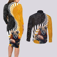New Zealand and Australia Rugby Couples Matching Long Sleeve Bodycon Dress and Long Sleeve Button Shirt Koala and Maori Warrior Together LT03 - Polynesian Pride
