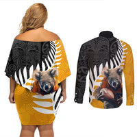 New Zealand and Australia Rugby Couples Matching Off Shoulder Short Dress and Long Sleeve Button Shirt Koala and Maori Warrior Together LT03 - Polynesian Pride