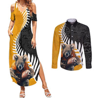 New Zealand and Australia Rugby Couples Matching Summer Maxi Dress and Long Sleeve Button Shirt Koala and Maori Warrior Together LT03 Black - Polynesian Pride