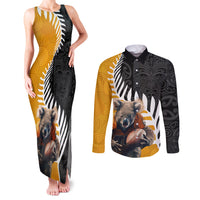 New Zealand and Australia Rugby Couples Matching Tank Maxi Dress and Long Sleeve Button Shirt Koala and Maori Warrior Together LT03 Black - Polynesian Pride