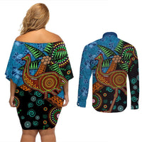 Fiji and Australia Couples Matching Off Shoulder Short Dress and Long Sleeve Button Shirt Palm Tree and Abogirinal Emu LT03 - Polynesian Pride