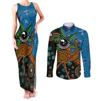 Fiji and Australia Couples Matching Tank Maxi Dress and Long Sleeve Button Shirt Palm Tree and Abogirinal Emu LT03 Blue - Polynesian Pride