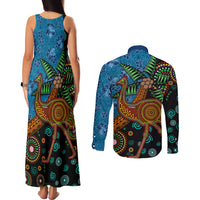Fiji and Australia Couples Matching Tank Maxi Dress and Long Sleeve Button Shirt Palm Tree and Abogirinal Emu LT03 - Polynesian Pride