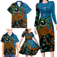 Fiji and Australia Family Matching Long Sleeve Bodycon Dress and Hawaiian Shirt Palm Tree and Abogirinal Emu LT03 - Polynesian Pride