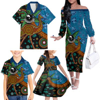 Fiji and Australia Family Matching Off The Shoulder Long Sleeve Dress and Hawaiian Shirt Palm Tree and Abogirinal Emu LT03 - Polynesian Pride