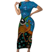 Fiji and Australia Family Matching Short Sleeve Bodycon Dress and Hawaiian Shirt Palm Tree and Abogirinal Emu LT03 Mom's Dress Blue - Polynesian Pride