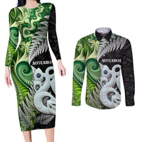 New Zealand Koru Natural Couples Matching Long Sleeve Bodycon Dress and Long Sleeve Button Shirt Manaia and Silver Fern Maori Pattern LT03 Black - Polynesian Pride