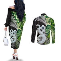 New Zealand Koru Natural Couples Matching Off The Shoulder Long Sleeve Dress and Long Sleeve Button Shirt Manaia and Silver Fern Maori Pattern LT03 - Polynesian Pride