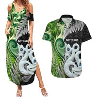 New Zealand Koru Natural Couples Matching Summer Maxi Dress and Hawaiian Shirt Manaia and Silver Fern Maori Pattern LT03 Black - Polynesian Pride