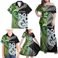 New Zealand Koru Natural Family Matching Off Shoulder Maxi Dress and Hawaiian Shirt Manaia and Silver Fern Maori Pattern LT03 - Polynesian Pride