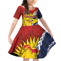 Kiribati Independence Day Family Matching Off Shoulder Short Dress and Hawaiian Shirt Polynesian and Melanesian Art Tattoo LT03 Daughter's Dress Red - Polynesian Pride