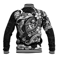 Guam Dolphins Tribal Tattoo Baseball Jacket Polynesian Art and Tropical Flower Grayscale