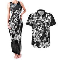Guam Dolphins Tribal Tattoo Couples Matching Tank Maxi Dress and Hawaiian Shirt Polynesian Art and Tropical Flower Grayscale