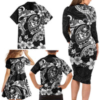 Guam Dolphins Tribal Tattoo Family Matching Long Sleeve Bodycon Dress and Hawaiian Shirt Polynesian Art and Tropical Flower Grayscale LT03 - Polynesian Pride