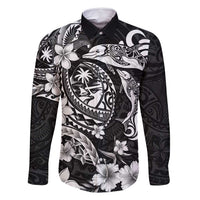 Guam Dolphins Tribal Tattoo Family Matching Long Sleeve Bodycon Dress and Hawaiian Shirt Polynesian Art and Tropical Flower Grayscale LT03 Dad's Shirt - Long Sleeve Black - Polynesian Pride