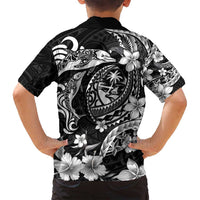 Guam Dolphins Tribal Tattoo Family Matching Off Shoulder Maxi Dress and Hawaiian Shirt Polynesian Art and Tropical Flower Grayscale
