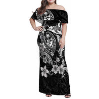 Guam Dolphins Tribal Tattoo Family Matching Off Shoulder Maxi Dress and Hawaiian Shirt Polynesian Art and Tropical Flower Grayscale