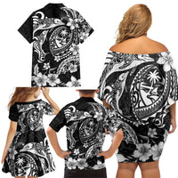 Guam Dolphins Tribal Tattoo Family Matching Off Shoulder Short Dress and Hawaiian Shirt Polynesian Art and Tropical Flower Grayscale LT03 - Polynesian Pride
