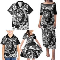 Guam Dolphins Tribal Tattoo Family Matching Puletasi and Hawaiian Shirt Polynesian Art and Tropical Flower Grayscale
