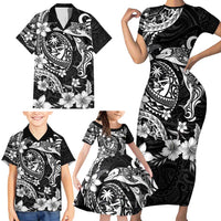 Guam Dolphins Tribal Tattoo Family Matching Short Sleeve Bodycon Dress and Hawaiian Shirt Polynesian Art and Tropical Flower Grayscale LT03 - Polynesian Pride