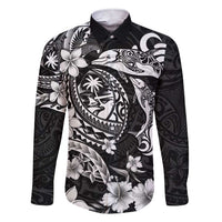 Guam Dolphins Tribal Tattoo Family Matching Short Sleeve Bodycon Dress and Hawaiian Shirt Polynesian Art and Tropical Flower Grayscale LT03 Dad's Shirt - Long Sleeve Black - Polynesian Pride