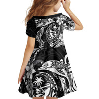Guam Dolphins Tribal Tattoo Kid Short Sleeve Dress Polynesian Art and Tropical Flower Grayscale
