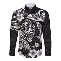 Guam Dolphins Tribal Tattoo Long Sleeve Button Shirt Polynesian Art and Tropical Flower Grayscale