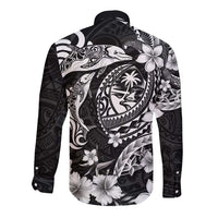 Guam Dolphins Tribal Tattoo Long Sleeve Button Shirt Polynesian Art and Tropical Flower Grayscale