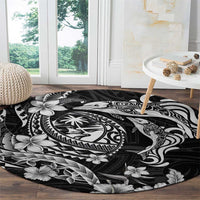 Guam Dolphins Tribal Tattoo Round Carpet Polynesian Art and Tropical Flower Grayscale