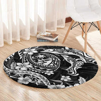 Guam Dolphins Tribal Tattoo Round Carpet Polynesian Art and Tropical Flower Grayscale