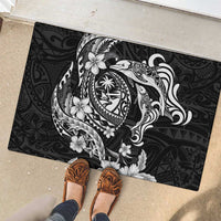 Guam Dolphins Tribal Tattoo Rubber Doormat Polynesian Art and Tropical Flower Grayscale