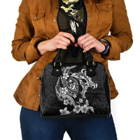 Guam Dolphins Tribal Tattoo Shoulder Handbag Polynesian Art and Tropical Flower Grayscale
