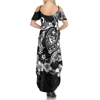 Guam Dolphins Tribal Tattoo Summer Maxi Dress Polynesian Art and Tropical Flower Grayscale