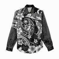 Guam Dolphins Tribal Tattoo Women Casual Shirt Polynesian Art and Tropical Flower Grayscale