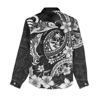 Guam Dolphins Tribal Tattoo Women Casual Shirt Polynesian Art and Tropical Flower Grayscale