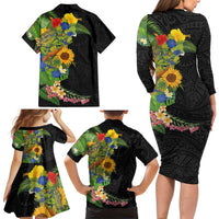 Hawaiian Tropical Plants and Chameleon Family Matching Long Sleeve Bodycon Dress and Hawaiian Shirt Polynesian Art Colorful LT03 - Polynesian Pride