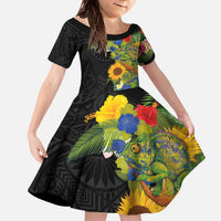 Hawaiian Tropical Plants and Chameleon Family Matching Off The Shoulder Long Sleeve Dress and Hawaiian Shirt Polynesian Art Colorful LT03 Daughter's Dress Black - Polynesian Pride
