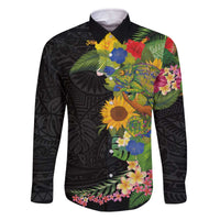 Hawaiian Tropical Plants and Chameleon Family Matching Off The Shoulder Long Sleeve Dress and Hawaiian Shirt Polynesian Art Colorful LT03 Dad's Shirt - Long Sleeve Black - Polynesian Pride
