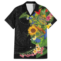 Hawaiian Tropical Plants and Chameleon Family Matching Off Shoulder Short Dress and Hawaiian Shirt Polynesian Art Colorful LT03 Dad's Shirt - Short Sleeve Black - Polynesian Pride