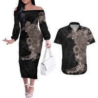 Hawaiian Tropical Plants and Chameleon Couples Matching Off The Shoulder Long Sleeve Dress and Hawaiian Shirt Polynesian Art Grayscale - Polynesian Pride