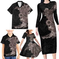 Hawaiian Tropical Plants and Chameleon Family Matching Long Sleeve Bodycon Dress and Hawaiian Shirt Polynesian Art Grayscale LT03 - Polynesian Pride