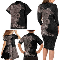 Hawaiian Tropical Plants and Chameleon Family Matching Long Sleeve Bodycon Dress and Hawaiian Shirt Polynesian Art Grayscale LT03 - Polynesian Pride