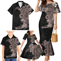 Hawaiian Tropical Plants and Chameleon Family Matching Mermaid Dress and Hawaiian Shirt Polynesian Art Grayscale LT03 - Polynesian Pride