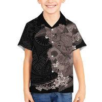 Hawaiian Tropical Plants and Chameleon Family Matching Off The Shoulder Long Sleeve Dress and Hawaiian Shirt Polynesian Art Grayscale LT03 Son's Shirt Black - Polynesian Pride
