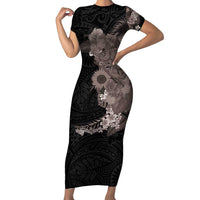 Hawaiian Tropical Plants and Chameleon Family Matching Short Sleeve Bodycon Dress and Hawaiian Shirt Polynesian Art Grayscale LT03 Mom's Dress Black - Polynesian Pride