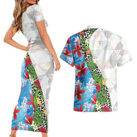 Hawaiian Tropical Flowers and Leaves Couples Matching Short Sleeve Bodycon Dress and Hawaiian Shirt on Leopard Pattern Half Style White-Blue Version LT03 - Polynesian Pride