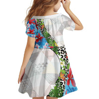 Hawaiian Tropical Flowers and Leaves Family Matching Long Sleeve Bodycon Dress and Hawaiian Shirt on Leopard Pattern Half Style White-Blue Version - Polynesian Pride
