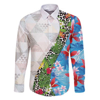 Hawaiian Tropical Flowers and Leaves Family Matching Short Sleeve Bodycon Dress and Hawaiian Shirt on Leopard Pattern Half Style White-Blue Version - Polynesian Pride