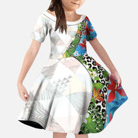 Hawaiian Tropical Flowers and Leaves Family Matching Tank Maxi Dress and Hawaiian Shirt on Leopard Pattern Half Style White-Blue Version - Polynesian Pride