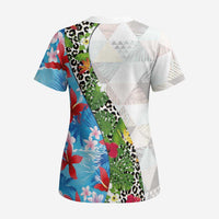 Hawaiian Tropical Flowers and Leaves Scrub Top on Leopard Pattern Half Style White-Blue Version - Polynesian Pride